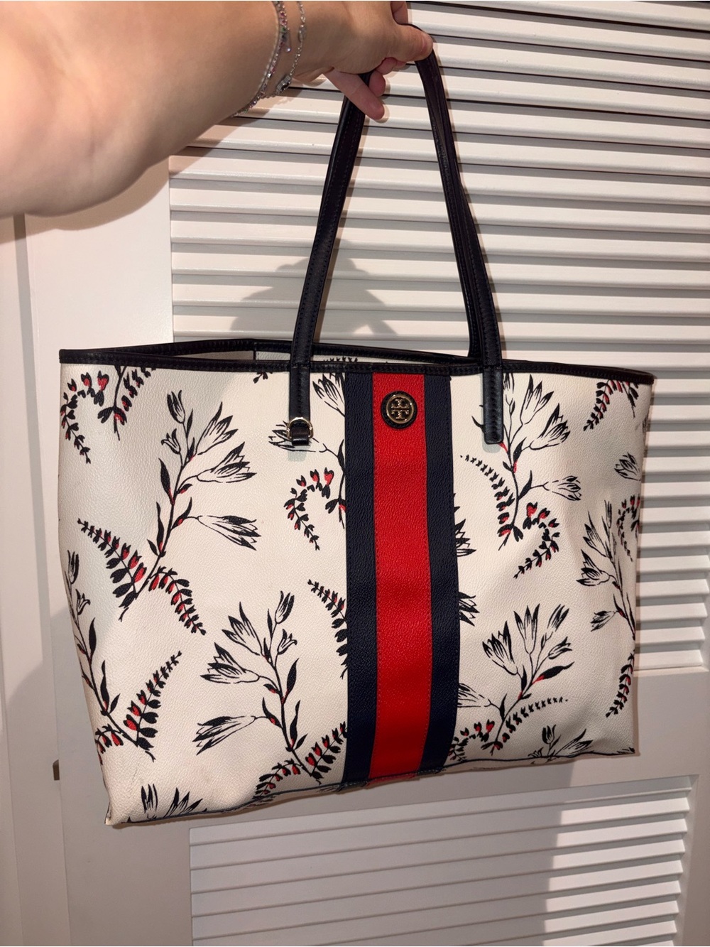 Tory Burch White Floral Stripe Leather Tote with Navy and Red Band